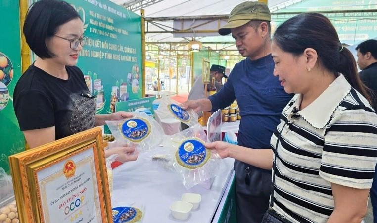 Chị Trần Thị Hậu đang giới thiệu sản phẩm chả dam OCOP cho khách hàng.